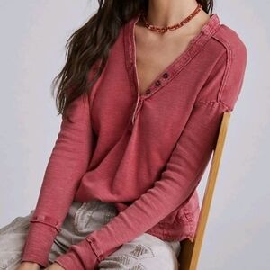 ANTHROPOLOGIE | PILCRO Henley Thermal Swing Top Long Sleeve Crewneck In Pink XL